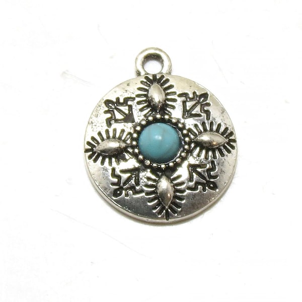 Southwestern Mandala Pendant with Faux Cabochon - Turquoise Concho Pendant - 22mm x 18mm - 1 pc. (P3090)