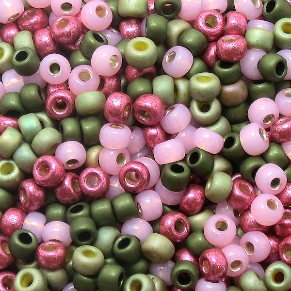 6/0 Custom Seed Bead Mix 639 -  Pink, Magenta, Light And Dark Olive Mix - (10grams-25 grams-50 grams)