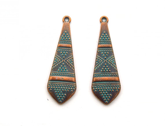 Antique Copper Patina Pendants or Earring Pair-  Zinc Alloy Boho Pendant - Ethnic Copper Patina Charms - 2pcs - 41mm x 15mm (2769)