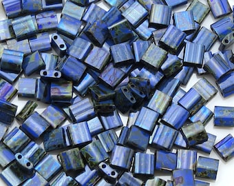 MIYUKI TILA #4518 - Cobalt Picasso Tila Bead - 5 x 5mm - Blue 2 Hole Square Beads - 10, 25, 50, 100 grams
