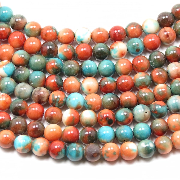 6mm Ocean Jade Gemstone Beads - Orange and Turquoise Ocean White Jade Round Beads - Synthetic - Dyed  - 15.7" Strand, Approximately 64 pcs