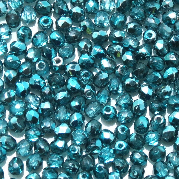 3MM FIRE POLISHED BEADS - Crystal Marine Metallic Ice - Czech Faceted Round Beads - 50 Beads