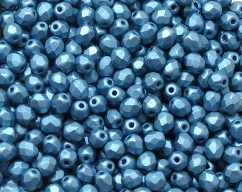 4MM ALABASTER METALLIC AQUA Firepolish Beads - Czech Faceted Round Beads - Alabaster Metallic Aqua Glass Beads - 50 Beads
