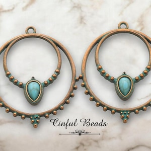 Antique Copper Patina Pendant with Faux Turquoise Cabochon or Earring Pairs- 2pcs - 45.5mm x 39.5mm (B055D)