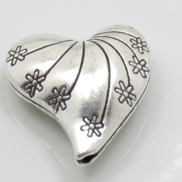 Silver Heart Bead - 25 x 24 x 12mm, Hole: 1.5mm - Tibetan Style Heart Pendant Bead - 1 piece or 5 pieces