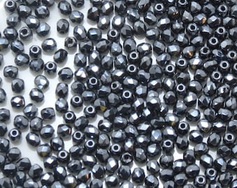 3MM FIRE POLISHED BEADS -Jet Hematite - Czech Faceted Round Beads - 50 Beads