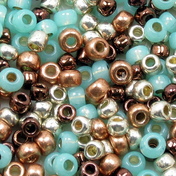 6/0 Custom Seed Bead Mix 624  - Seafoam, Bright Copper, Dark Copper, and Silver Seed Beads - Kumihimo Beads  -  (10grams-25 grams-50 grams)