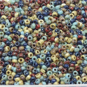 11/0 Custom Picasso Mix 600 - Miyuki Picasso Seed Bead Mix - Turquoise, Cobalt, Red, Brown, Yellow  (10grams-25 grams-50 grams)