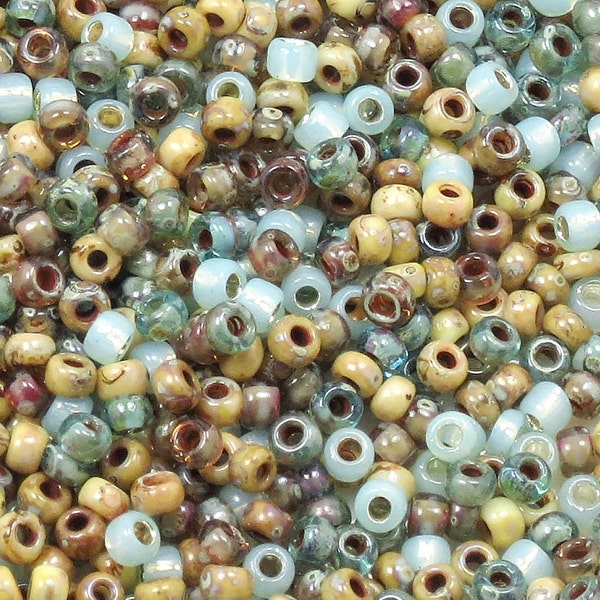 8/0 Custom Picasso Seed Bead Mix 601  - Seafoam, Brown, Yellow And Topaz Picasso With Milky Seafoam  (10grams-25 grams-50 grams)