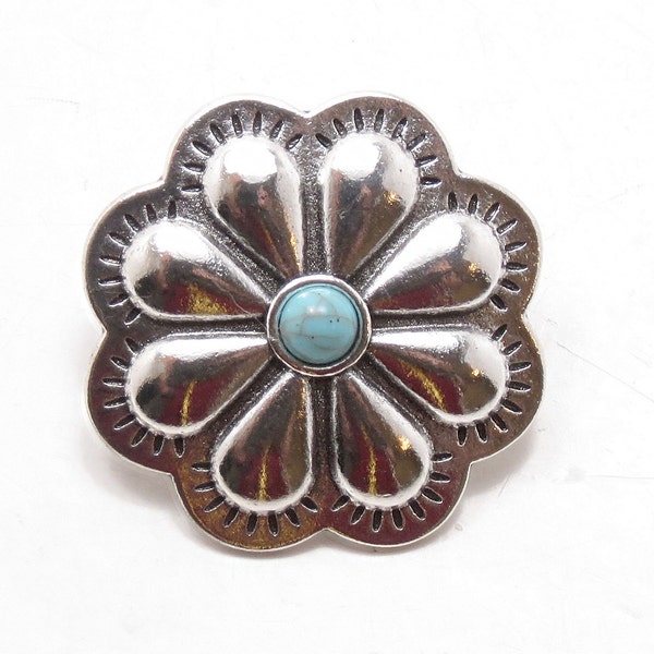 Silver Southwestern Flower Concho Buttons - Turquoise Resin Cabochon - Silver Metal Shank Sewing Buttons - 30mm (1 3/16") - 3pcs (BU6065)