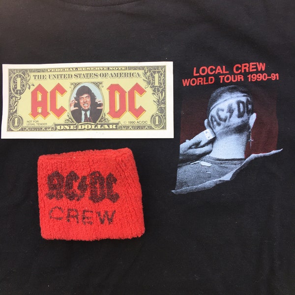 Vintage AC/DC World Tour 1990-91 Local Crew T-shirt, Sweatband , Currency.