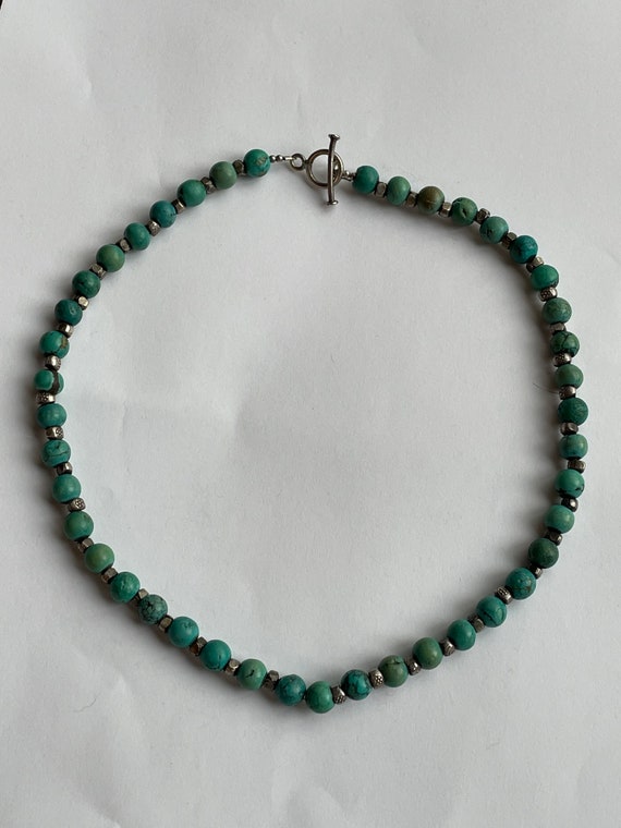 Vintage Green/Blue Turquoise 6mm beaded Sterling … - image 1
