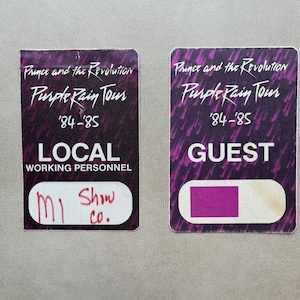 Vintage Prince Purple Rain Tour &#39;84 - &#39;85 Last Show Working Personnel and Backstage Guest Passes - RARE