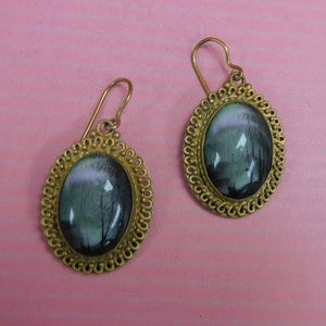 Reproduction Vintage Hand Painted Scene Porcelain Dangle Earrings set in Brass