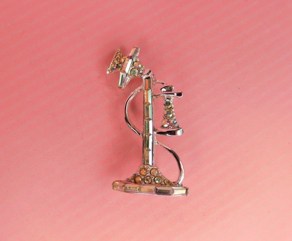 Vintage  Old Timey Phone Silver and Rhinestone Pin - image 1