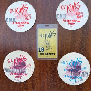Vintage The Kinks  1984 Word of Mouth Across America All Access Pass and 4 Silk After Show Only Passes.