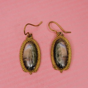 Reproduction Vintage Hand Painted Scene Porcelain Dangle Earrings Set in Brass