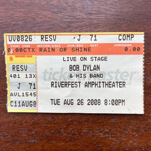 Boleto de entrada para Bob Dylan y su banda. 26 de agosto de 2008, Riverfest, Anfiteatro, Little Rock, Arkansas.