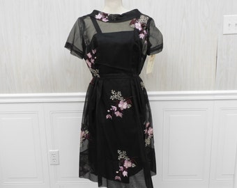 Vintage Black Sheer Embroidered Floral Dress with Slip