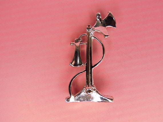 Vintage  Old Timey Phone Silver and Rhinestone Pin - image 3