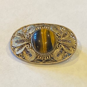 Vintage Silver Filagree Tiger Eye Pin