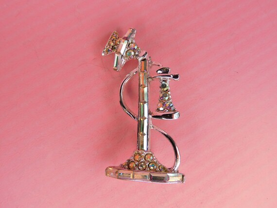 Vintage  Old Timey Phone Silver and Rhinestone Pin - image 2