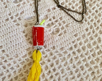Upcycled Cola Cup Eraser Toy with Tassel Necklace - Emoji Jewelry - Tassel Necklace - Upcycled Toy Necklace - Soda Bottle Movie Snack - Coke