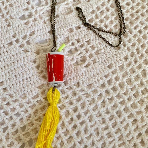 Upcycled Cola Cup Eraser Toy with Tassel Necklace - Emoji Jewelry - Tassel Necklace - Upcycled Toy Necklace - Soda Bottle Movie Snack - Coke