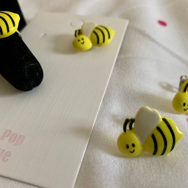 Upcycled Bumble Bees Stud Earrings Ring and Pin - Honey Bee Jewelry - Black and Yellow Bee Pinback Buttons - Garden Jewelry - Beekeeper