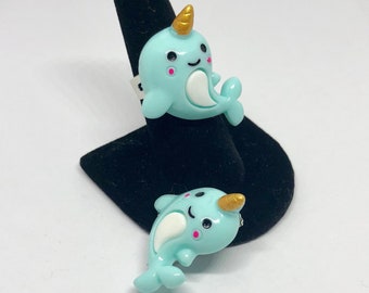 Blue and Gold Narwhal Ring or Pin - Unicorn of the Sea - Gold Horn - Narwhal Gift - Narwhal Brooch - Narwhal Birthday - Narwhal Costume