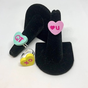 Upcycled Toy Valentines Day Conversation Heart Ring - Heart Jewelry - Love Rings - Upcycled Toy Ring - Hug and Kisses - Cutie - Iwako Eraser