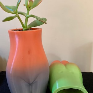May include: Two ceramic planters shaped like a human body. The planter on the left is a gradient of orange to purple and has a succulent plant growing in it. The planter on the right is a gradient of green to light green.