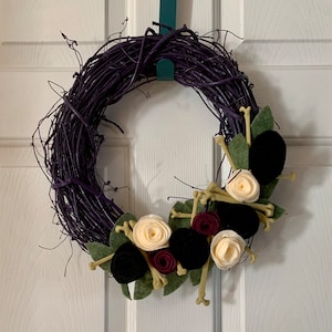 Purple Halloween Wreath: Gothic Bones & Felt Flowers, 12 Inch