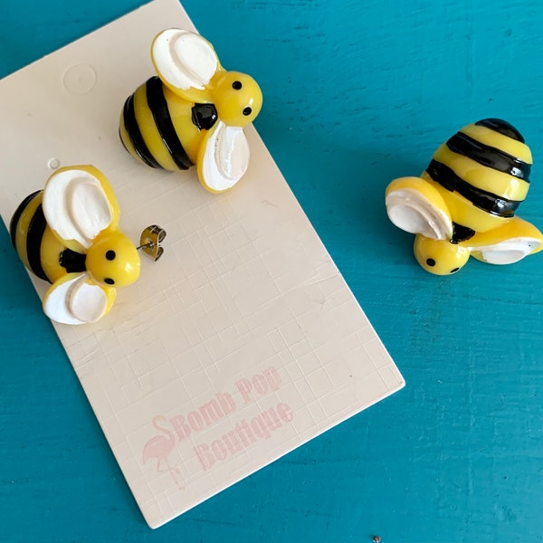 Upcycled Bumble Bees Stud Earrings and Pinback Button - Honey Bee Jewelry - Black & Yellow Bee Pinback Buttons - Garden Jewelry - Beekeeper