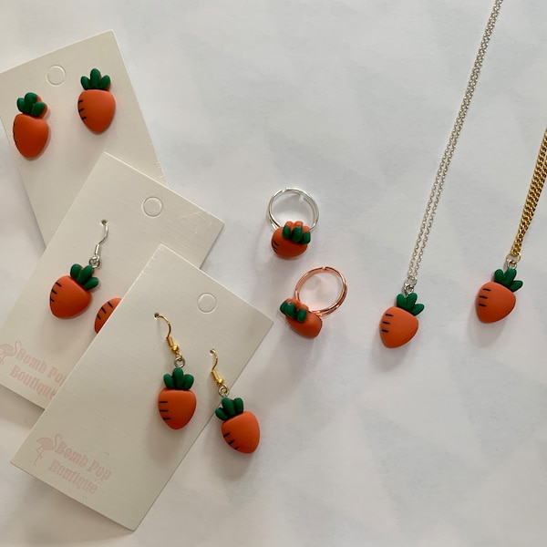 Carrot Jewelry - Carrots Earrings Dangle Drop - Vegetable Ring - Garden Pin Brooch - Gardening Gift Necklace