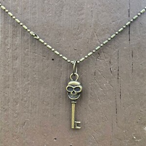Bronze  Skeleton Key Charm Skull Key necklace on Antique Brass Ball & Bead chain - Skull Necklace - Gift for Her - Skeleton Pendant