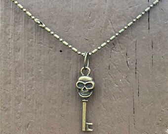 Skull Key Necklace: Bronze Skeleton Pendant on Antique Brass Chain