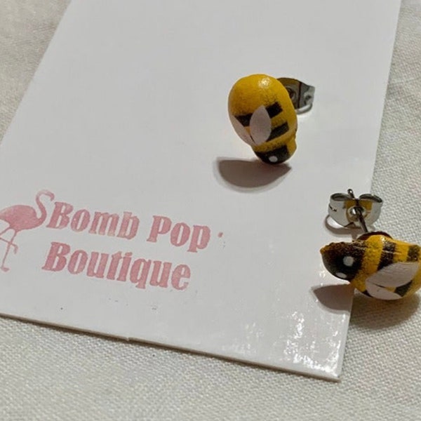 Tiny Bumblebee Dollhouse Miniature Stud Earrings - Upcycled Button Ears - Honey Bees Beekeeper Gift