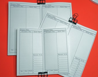 May include: Five white printable project planning sheets with a grid pattern. Each sheet has sections for "Project Title", "Description/Plan", "Sketch/Notes", "Materials/To Do", "Due", "Start", and "Finish".