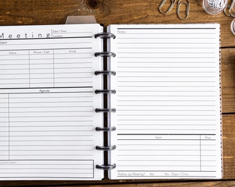 New Meeting Planner / Notes Inserts (2 page spread) - Agenda, Actions, Attendance, etc.