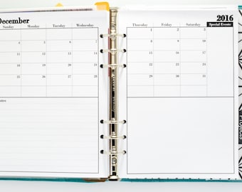 May include: A white monthly planner with a black and white geometric design on the cover. The planner is open to December 2016 and has sections for notes, projects, and special events.