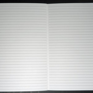 May include: A blank, lined notebook with a red spine. The notebook is open to a blank page.