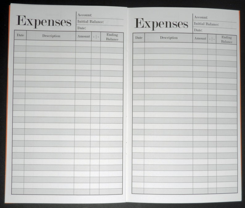 May include: A blank, two-page spread of a budget planner with the word "Expenses" at the top of each page. The pages are divided into columns for date, description, amount, and ending balance.