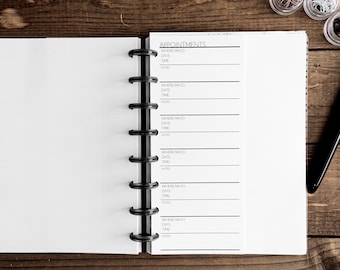 Slip Sheets - Supplemental Inserts for Ring / Disc Planners - Appointment, Contact, and more - Used in HP Classic, A5, Half Letter, HP Mini