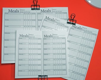 May include: Six white printable meal planner sheets with the word "Meals" at the top and columns for "Week of", "Daily Cals/Pts Goal", "B", "L", "D", "S", and "Cal/Pts".
