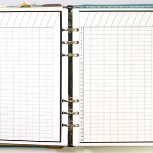 May include: A white planner with black grid lines and a black border. The planner is open to two blank pages with numbered lines on the side. The planner is bound with silver rings and has a turquoise cover.