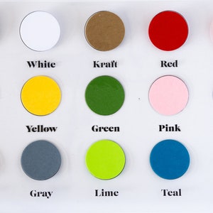 May include: A color chart with 15 different colored circles, each labeled with its color name. The colors are black, white, kraft, red, orange, blue, yellow, green, pink, purple, beige, gray, lime, teal.
