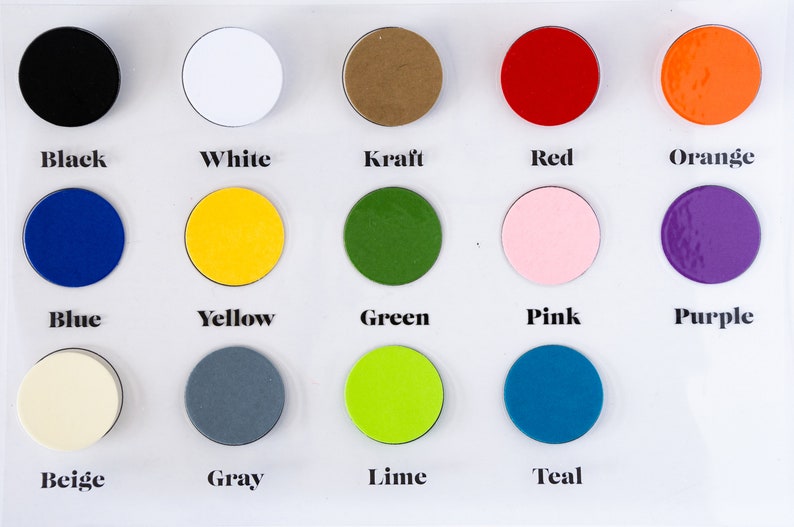 May include: A color chart with 15 different colored circles, each labeled with its color name. The colors are black, white, kraft, red, orange, blue, yellow, green, pink, purple, beige, gray, lime, teal.