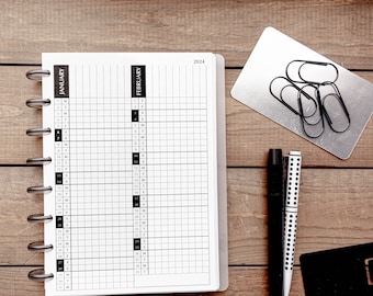 Printed 2025 Dated Perpetual Calendar - Grid - Highlighted Weekend - 2 Months per Page- Tracker- A5 / Half Letter / HP Classic -Ring or Disc