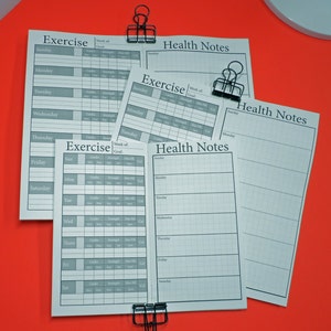 May include: Four printable pages with a grid pattern and text that reads "Exercise" and "Health Notes". The pages are designed for tracking exercise and health information.